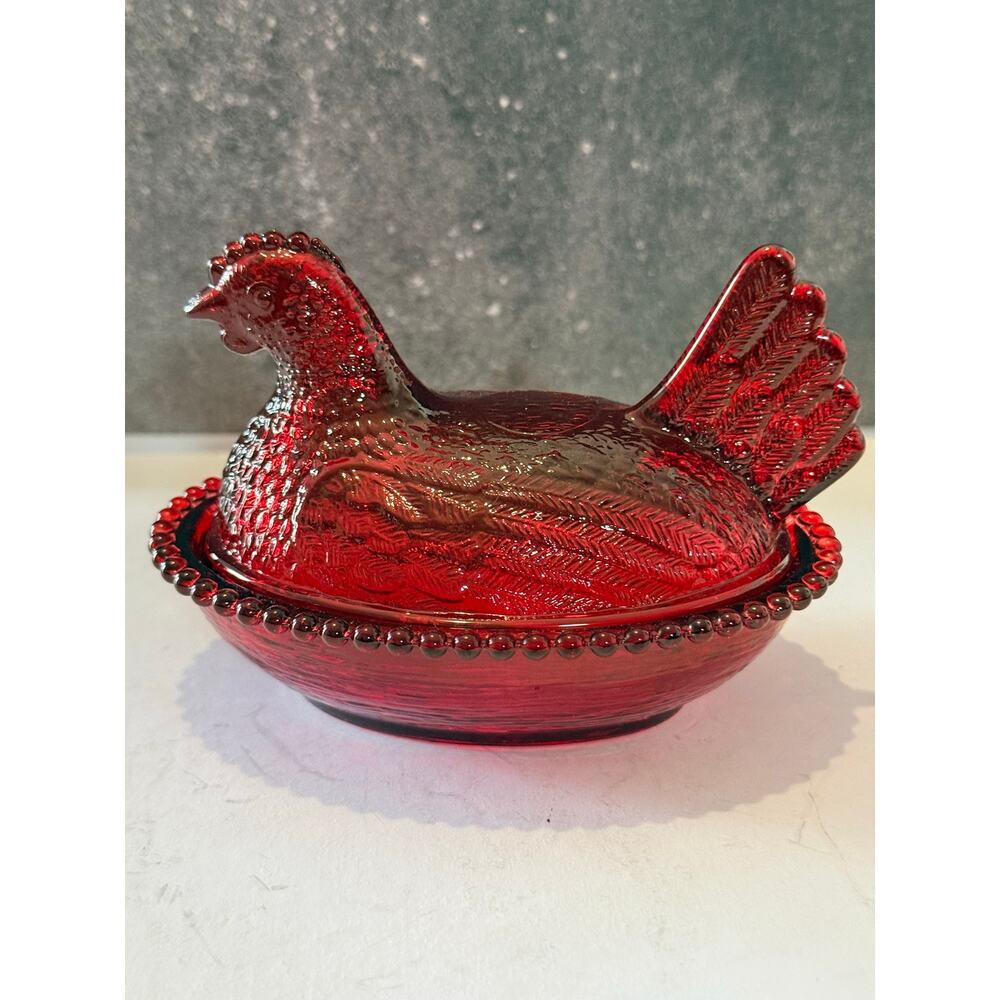 Vintage Ruby Red Glass Hen On Nest Covered  Dish Beaded Rim 5 Inch - Picture 6 of 13